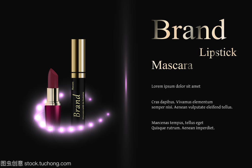 三種色調暗背景與明亮的光點口紅的化妝品,設計。品牌、 廣告、 目錄、 橫幅、 名片。逼真的 3d 矢量